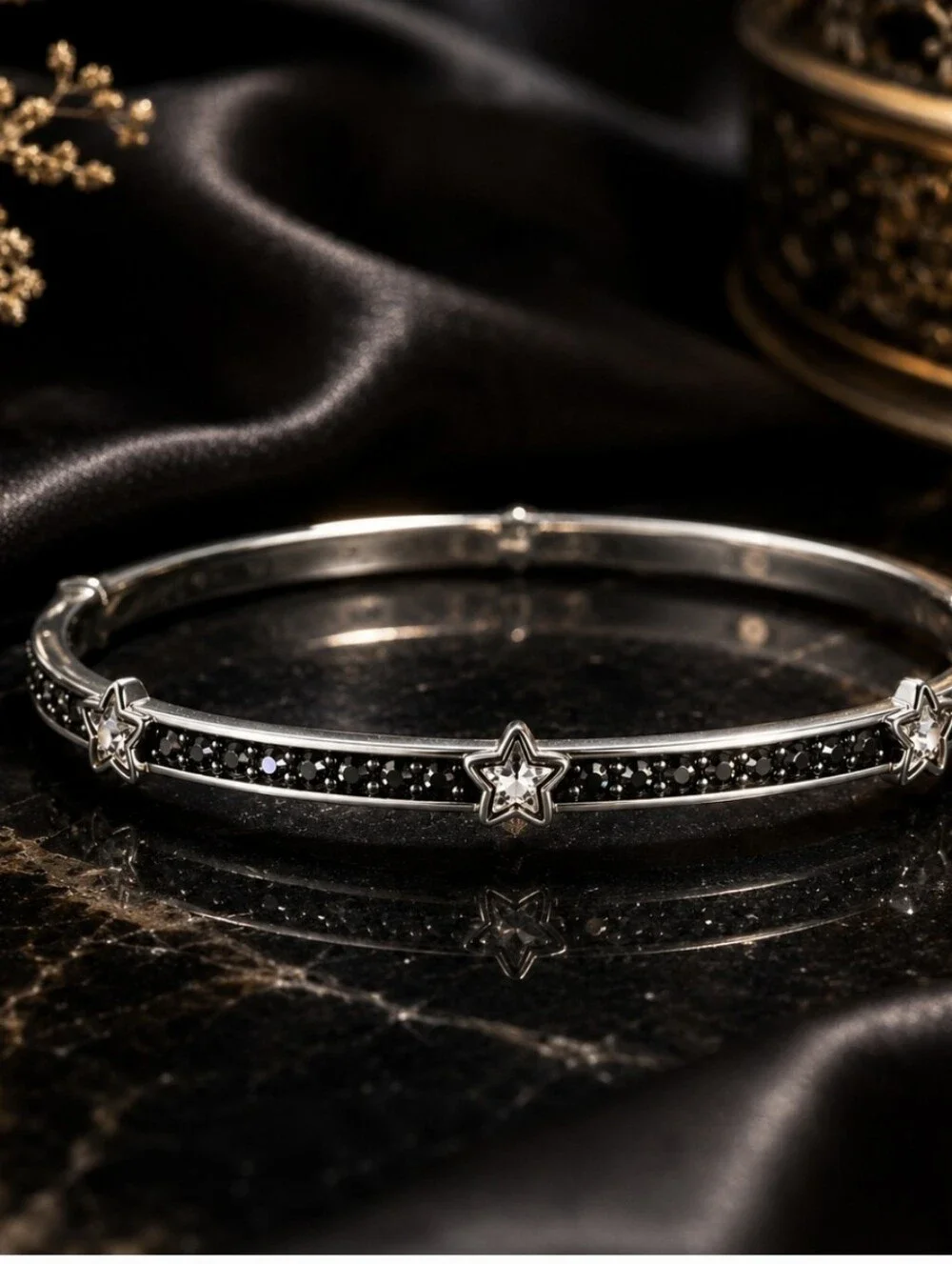 Brighton Silver Tone Dark Crystal Star Celestial Slip-On Bangle Bracelet